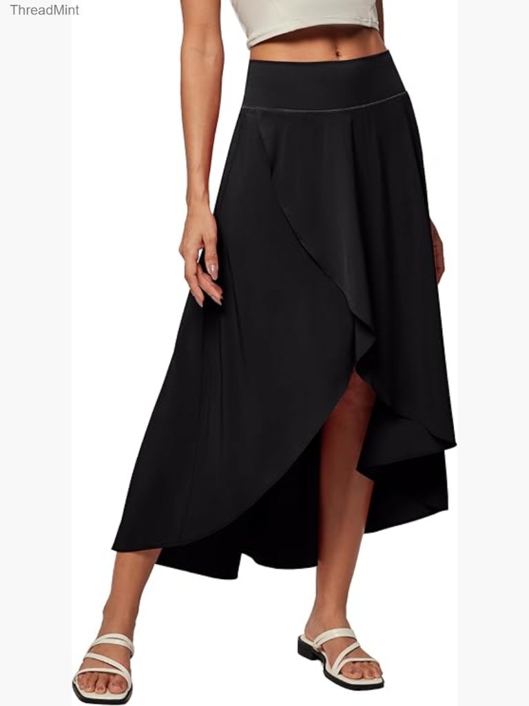 High Waist Wrap Skirt With Shorts Flowy Maxi Skirt Ruffle Hem Slit